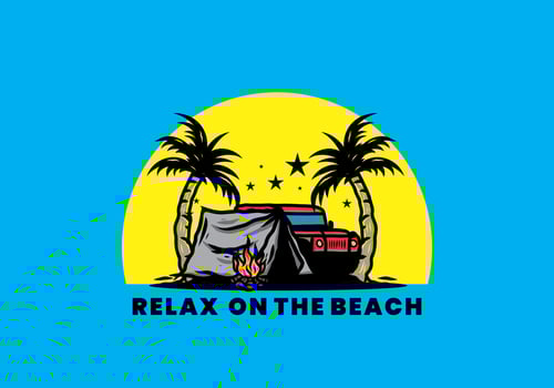 Camping tent in front of car between coconut tree illustration vector