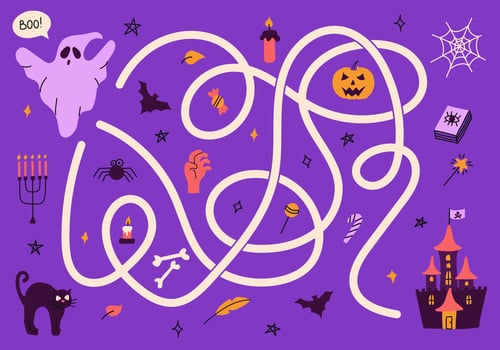 Labyrinth, help the ghost find the right way to the castle. Logical quest for children. Cute illustration for childrens books, educational game vector
