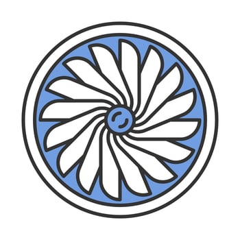 Plane turbine color icon. Airplane equipment. Jet propeller. Aeroengine. Aviation service. Aircraft travel. Motor running. Aviation part. Airliner journey. Isolated vector illustration