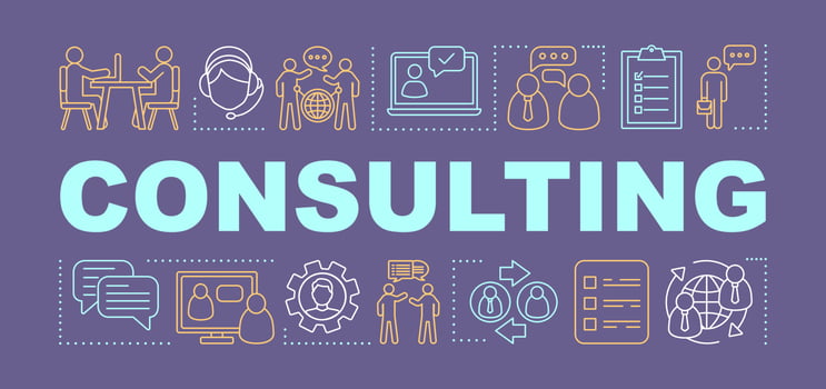 Consulting word concepts banner. Business discussion, negotiation. Training center. Presentation, website. Isolated lettering typography idea with linear icons. Vector outline illustration