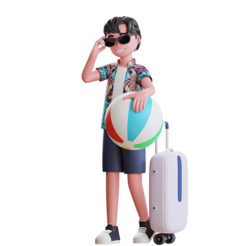 3d summer character male going travel wearing sunglasses with suitcase and ball beach png