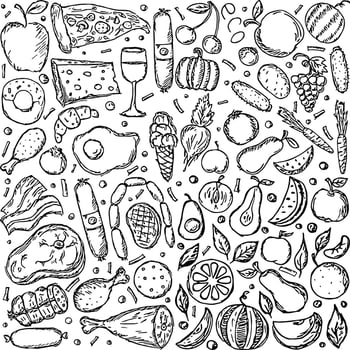 Food icons. Vector food background. Doodle illustration with food icon