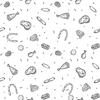 Seamless meat pattern. Black and white meat background. Doodle vector illustration with meat products icons