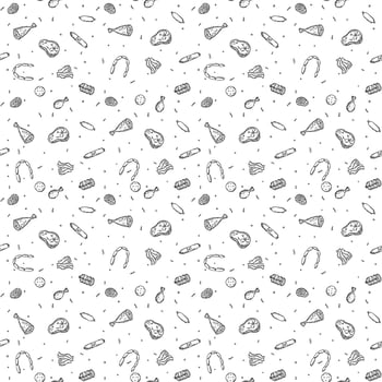 Seamless meat pattern. Black and white meat background. Doodle vector illustration with meat products icons