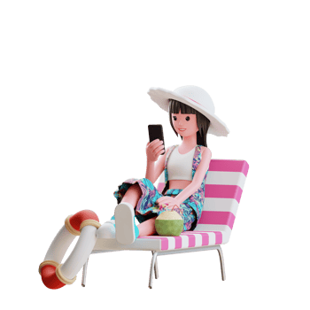 3d summer character female enjoy vacation resting on beach chair holding smart phone png