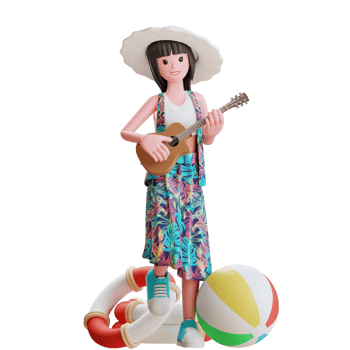3d summer character female playing ukulele at beach png