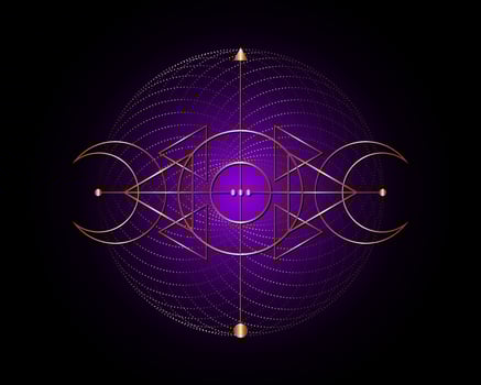 Magic Triple Moon. Gold symbol of the Viking deity, Celtic Sacred Geometry, Wiccan logo, alchemy esoteric triangles. Spiritual occultism object vector illustration isolated on black purple background