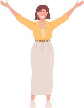 Joyful woman raising up hands semi flat color vector character