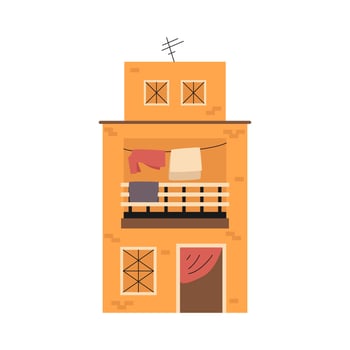 Yellow indian house with clotheslines. Vector poor building clipart.