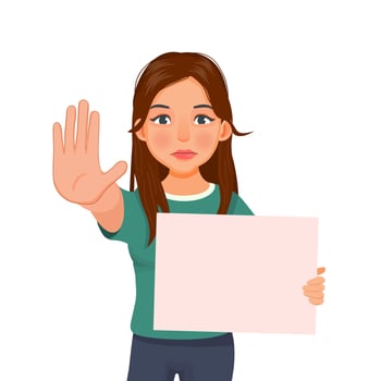 beautiful young woman holding blank poster or signboard showing stop hand palm gesture with serious and confident facial expression vector