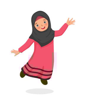 happy cute little muslim girl jumping celebrating ramadhan vector