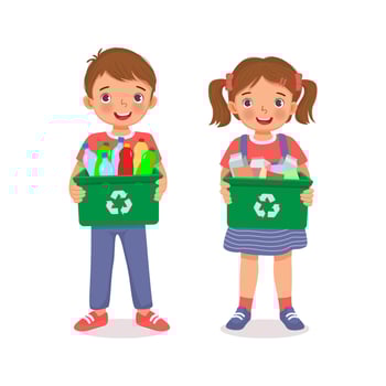 cute child kids little boy and girl holding recycling bin container full of plastic bottles and papers garbage for waste sorting vector