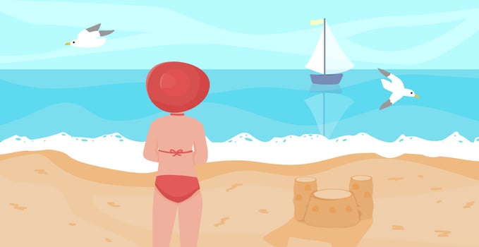 Vector summer time seascape. Young female in swimsuit looking toward the beautiful sea. Cute vector illustration of woman at the beach.