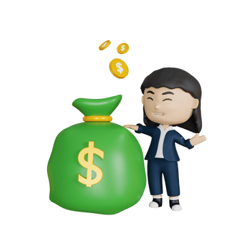 3d rendering cute businesswoman with money bag png