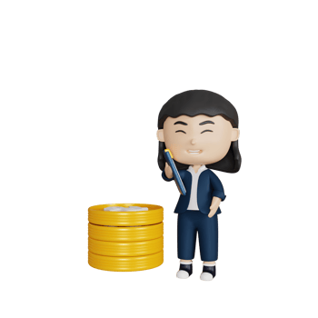 3d rendering cute businesswoman with dollar coin stack png