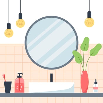 Interior of bathroom with washbasin and round mirror, flat style vector