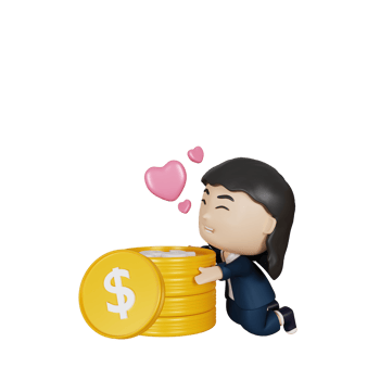 3d rendering cute businesswoman with love dollar coins png