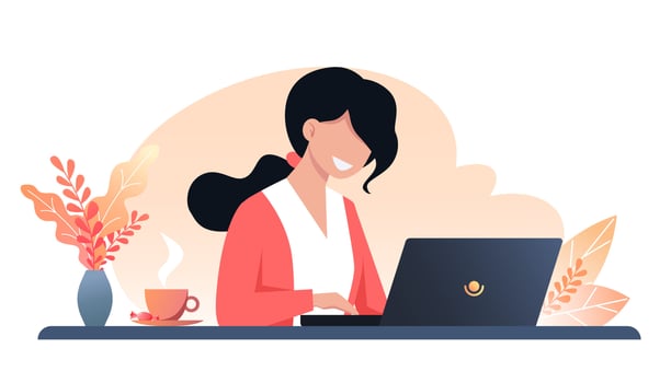 A young happy woman works on a laptop, autumn workplace interior design vector