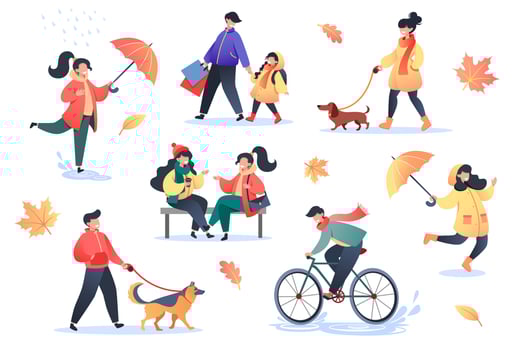 Collection of flat style characters on warm autumn day vector