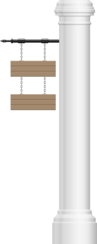 Wooden board hanging on vintage concrete pillar png