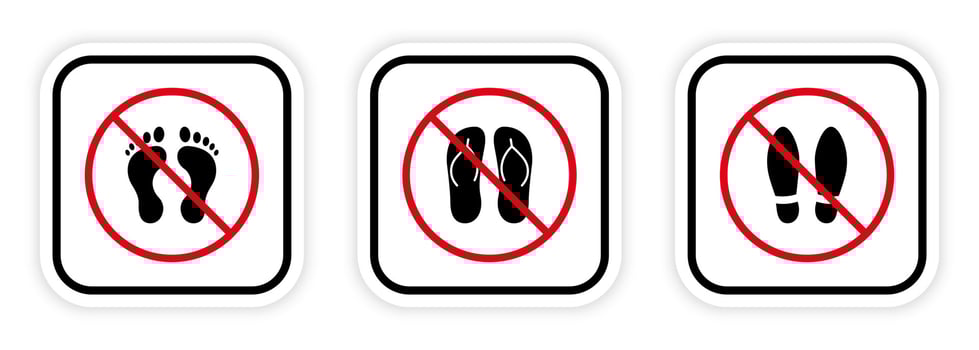 Footprint Pair Shoe Flip Flop Red Stop Circle Symbol Set. No Allowed Step Sign. Sandal Ban Black Silhouette Icon. Forbid Beach Flipflop Pictogram. Prohibited Casual Shoe. Isolated Vector Illustration.
