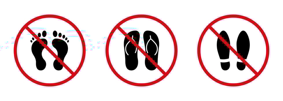 Footprint Pair Shoe Flip Flop Red Stop Circle Symbol Set. No Allowed Step Sign. Sandal Ban Black Silhouette Icon. Forbid Beach Flipflop Pictogram. Prohibited Casual Shoe. Isolated Vector Illustration.