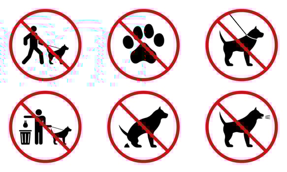 Ban Dog Black Silhouette Icon Set. Forbid Pet Entrance Walk Pictogram. Park Zone Red Stop Symbol. No Allowed Animal Toilet Sign. Canine Prohibited. Clean After Dog Poop. Isolated Vector Illustration.