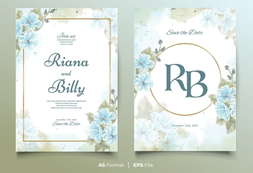 Watercolor wedding invitation template with blue and green flower ornament vector