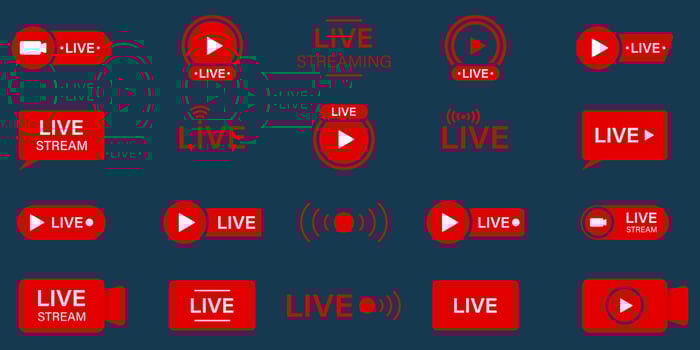 Live Stream Sign Set. Online News, Show, Channel Television. Live Stream Line Icon. Online Broadcast Buttons Pictogram. Red Symbol of Livestream. Isolated Vector Illustration.