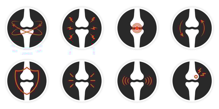 Bones Pain Silhouette Icon Set. Bone Injury, Arthritis, Osteoporosis, Inflammation Pictogram. Ache of Knee, Hand, Leg Skeleton. Bones Joint Illness Icon. Isolated Vector Illustration.
