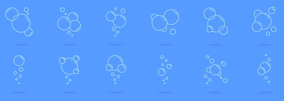 Round Bubbles of Foam or Soup Icon Set in Neumorphism Style. Fizzy Drink, Soda Water, Laundry, Champagne, Cleaning Pictogram. Circle Bubble Soap Icon. Isolated Vector Illustration.