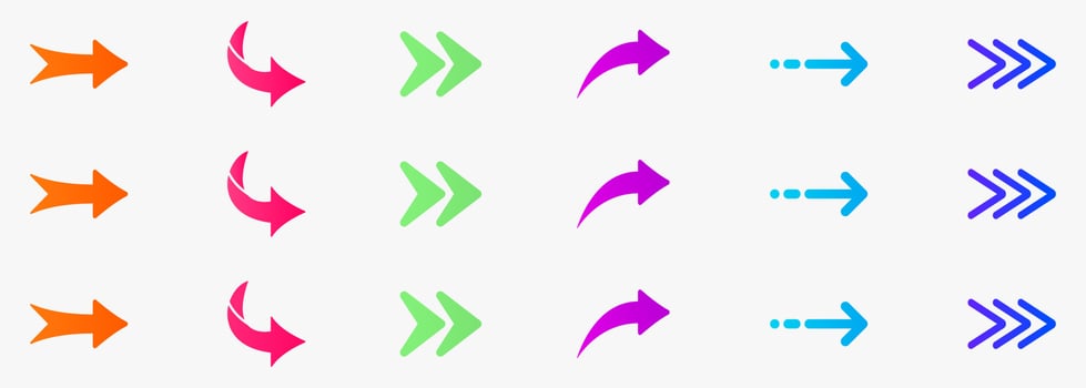 Color Arrow Digital Icon Set in Neumorphism Style. Right, Next, Share Link, Back, Forward Symbol. Direction, Navigation, Orientation Cursor Pictogram. Curve Undo Button. Isolated Vector Illustration.