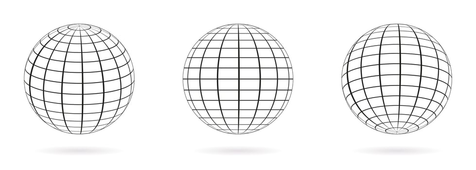 Wired Line 3D Planet Globe. Wireframe Globe Surface. Globe Grid Sphere Set. 3D Wire Global Earth Latitude, Longitude. Geometric Grid Globe. Round Grid Mesh Ball. Isolated Vector Illustration.