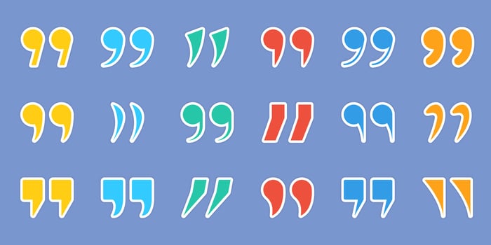 Double Comma Signs of Quote Icons. Set of Quotation Mark Stickers. Color Quotation Signs on Blue Background. Punctuation Symbol of Speech. Isolated Vector Illustration.