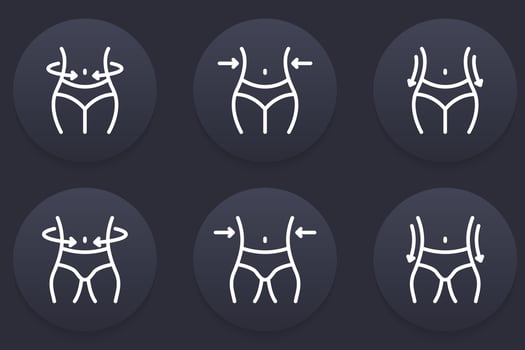 Slimming Waist. Woman and Man Loss Weight Line Icon. Shape Waistline Control Outline Icon. Set of Female and Male Body Slimming Linear Pictogram. Editable Stroke. Isolated Vector Illustration