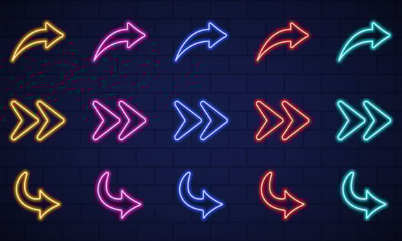 Colorful Neon Right Arrows Icons on Dark Wall Background. Location Indicator Casino, Bar, Night Club, Cinema and Motel. Glowing Neon Arrows of Different Colors. Isolated Vector Illustration.