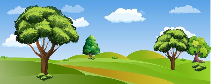 Vector illustration of beautiful summer fields landscape with a dawn, green hills