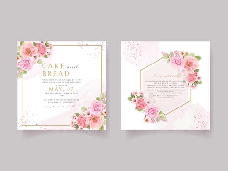 Pink rose and cherry blossom wedding invitation card template vector