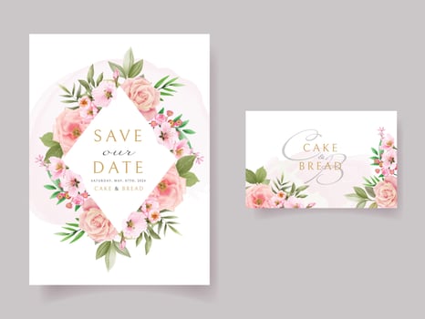 Pink rose and cherry blossom wedding invitation card template vector