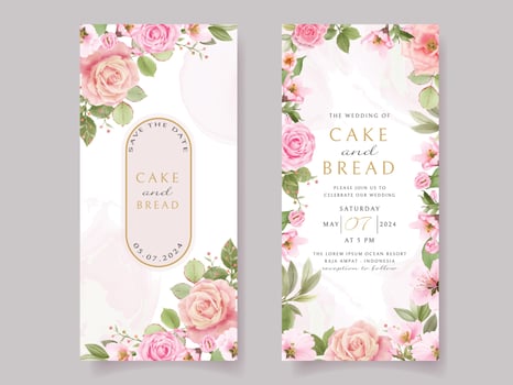 Pink rose and cherry blossom wedding invitation card template vector