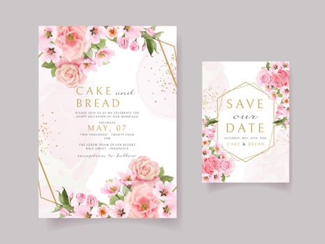 Pink rose and cherry blossom wedding invitation card template vector