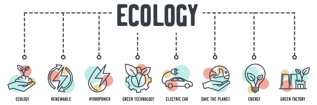 Ecology Environmental Sustainability banner web icon. ecology, renewable, hydropower, green technology, electric car, save the planet, energy, green factory vector illustration concept.