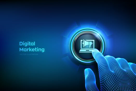 DIgital marketing technology concept. Internet. Online. Search Engine Optimisation. SEO. SMM. Advertising. Closeup finger about to press a button. Vector illustration.