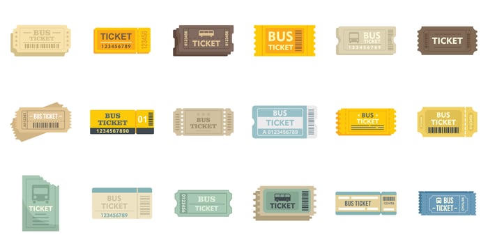Bus ticketing icons set flat vector isolated
