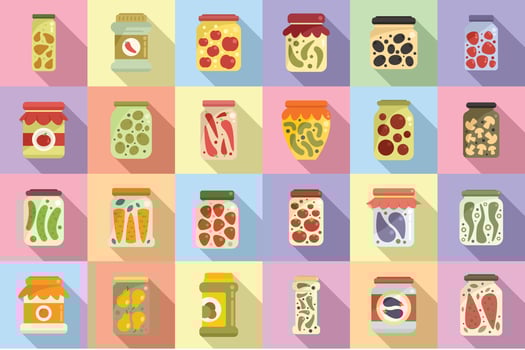 Pickled products icons set flat vector. Autumn canned vector