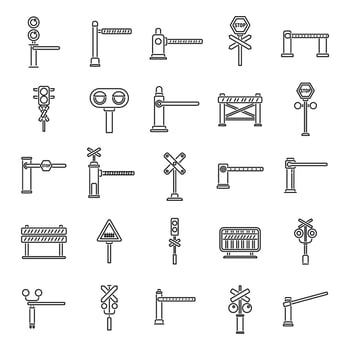 Railroad barrier icons set outline vector. Crossing railway vector