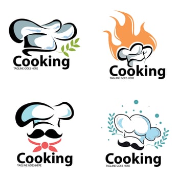 Cooking logo set Logo for cooking class with chef hat, fire spirit and also forage leaves. Typography Culinary school, food studio, cooking class vector