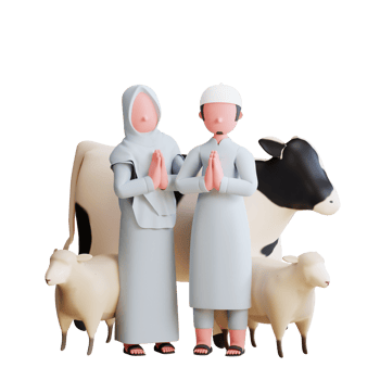 3d character muslim couple celebrate eid al adha mubarak with sheep and cow png