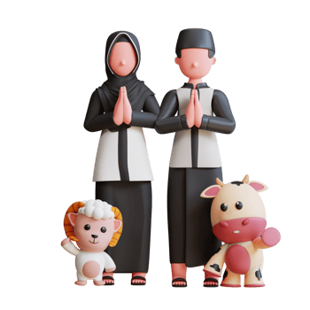 3d character muslim couple celebrating eid al adha with goat and cow mascot png