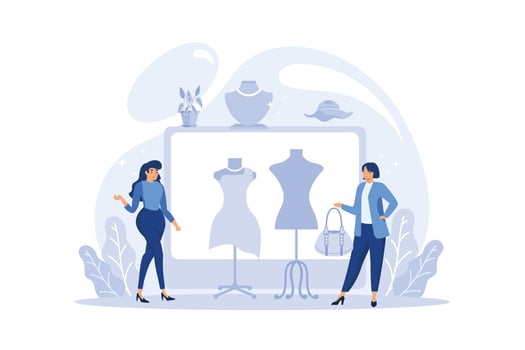 Fashion designer concept. Professional tailor sewing or fitting clothes. Dressmaker working on power sewing machine and taking measurements. Vector flat illustration